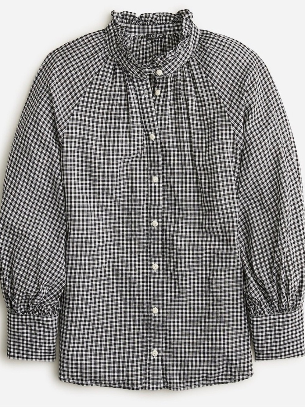 J. Crew Black & White Gingham Ruffle-Collar Button-Down Shirt